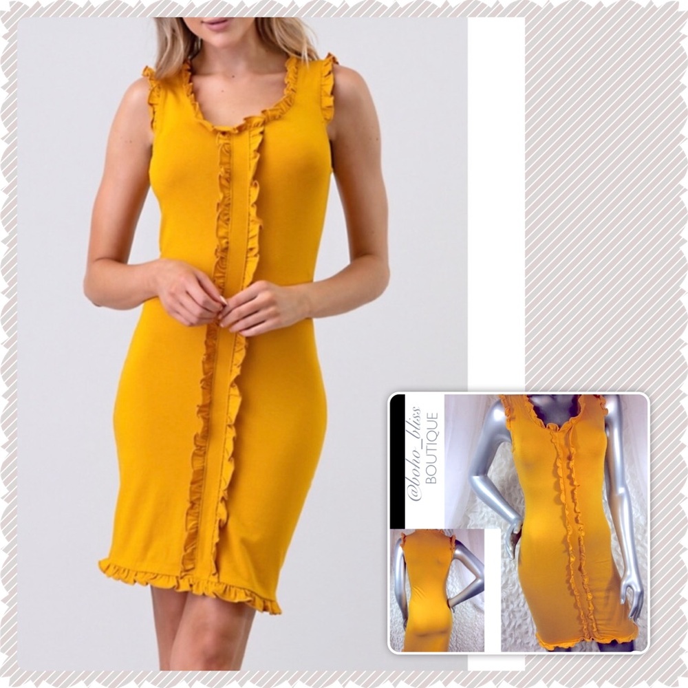 Mustard Yellow Ruffle Stretch Mini Dress NWT
